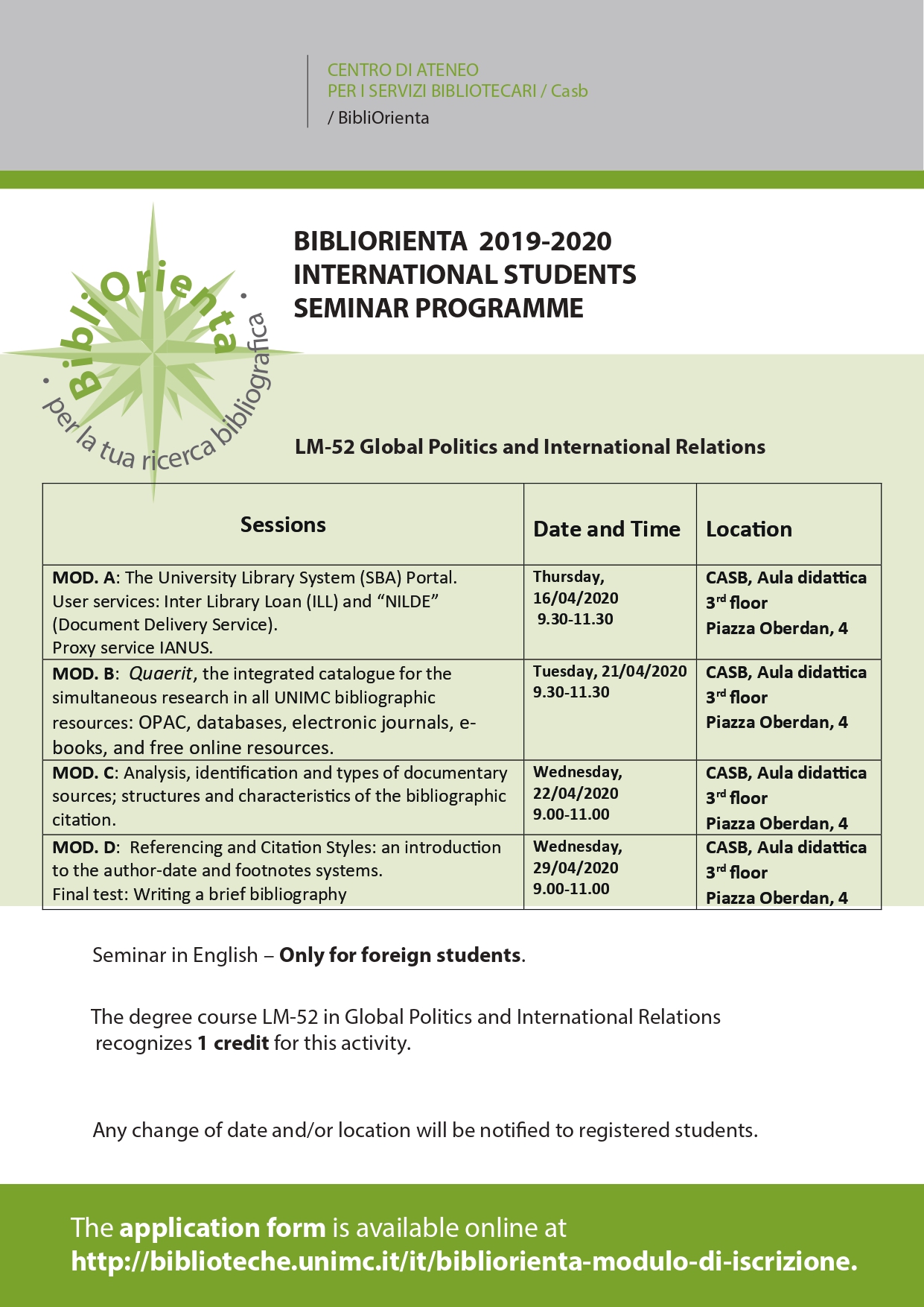 BIBLIORIENTA 2019-2020 INTERNATIONAL STUDENTS SEMINAR PROGRAMME
